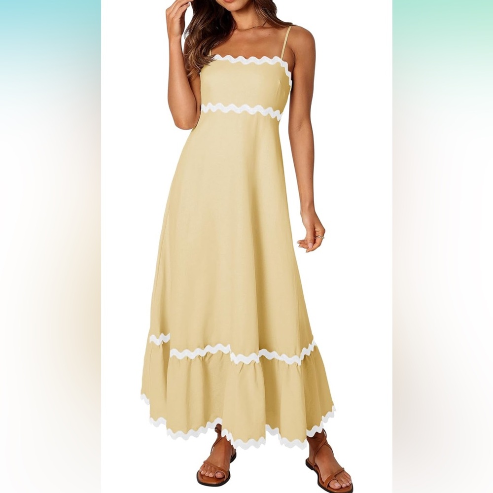 Summer Spaghetti Straps Sleeveless  Flowy Smocked Lace Swing A Line Midi Dress